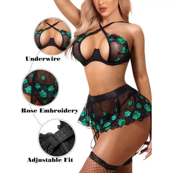 Avidlove Garter Lingerie Set for Women with Underwire 3 Piece Lace Lingerie Set Floral High Waisted Push Up Lingerie SetGreen