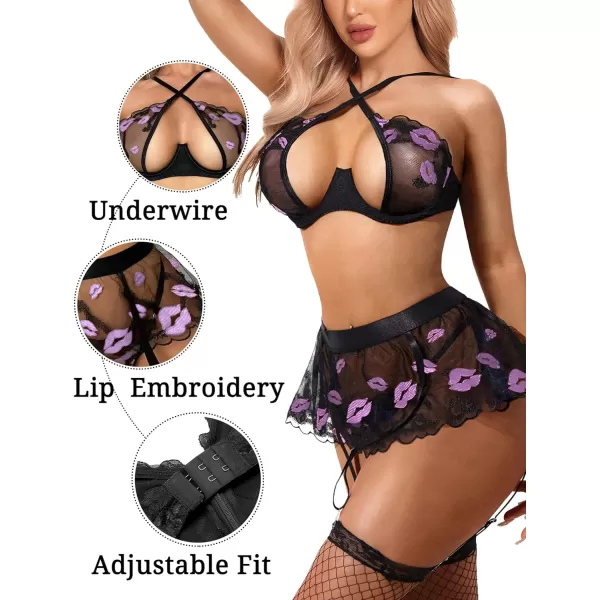 Avidlove Garter Lingerie Set for Women with Underwire 3 Piece Lace Lingerie Set Floral High Waisted Push Up Lingerie SetPurple Lip