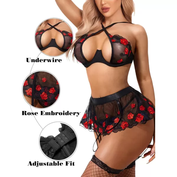 Avidlove Garter Lingerie Set for Women with Underwire 3 Piece Lace Lingerie Set Floral High Waisted Push Up Lingerie SetRed