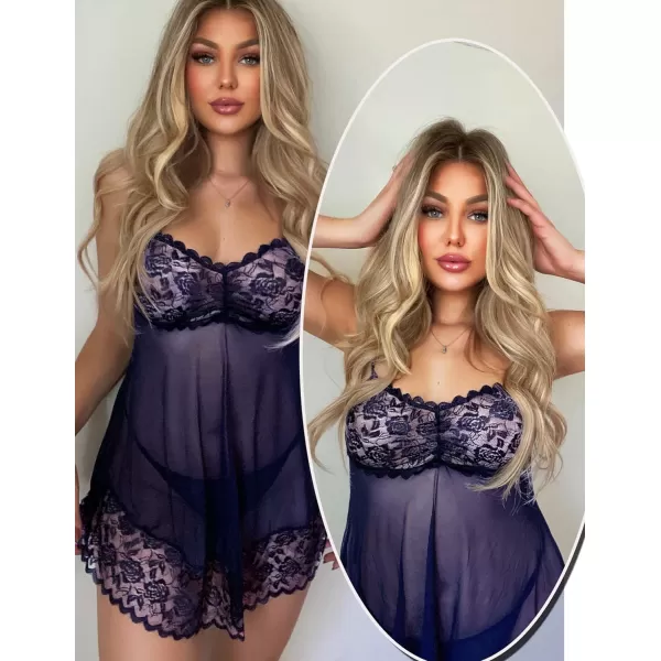 Avidlove Lace Babydoll Lingerie Sexy Mini Chemise Mesh Wedding Nightie Bridal NightdressNavy Blue