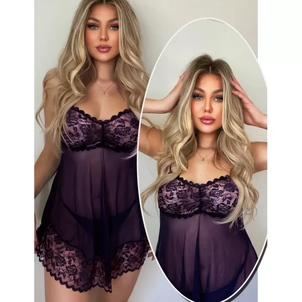 Avidlove Lace Babydoll Lingerie Sexy Mini Chemise Mesh Wedding Nightie Bridal NightdressPurple