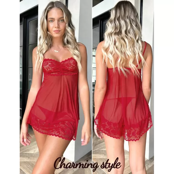 Avidlove Lace Babydoll Lingerie Sexy Mini Chemise Mesh Wedding Nightie Bridal NightdressWine Red