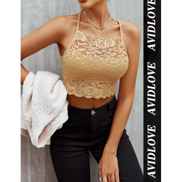 Avidlove Lace Bralette for Women High Neck Camisoles Racerback DoubleLayered Crop TopKhaki