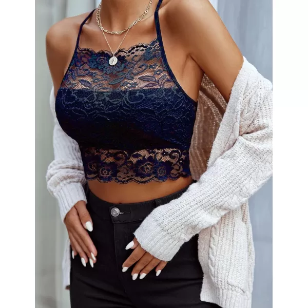 Avidlove Lace Bralette for Women High Neck Camisoles Racerback DoubleLayered Crop TopNavy Blue