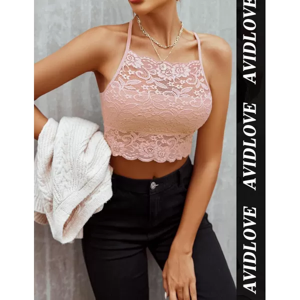 Avidlove Lace Bralette for Women High Neck Camisoles Racerback DoubleLayered Crop TopPink 2