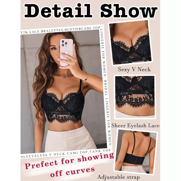 Avidlove Lace Bralettes for Women Y2k Strap Bustier Cami Top V Neck Camisole Lingerie1black