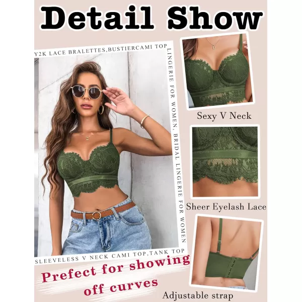 Avidlove Lace Bralettes for Women Y2k Strap Bustier Cami Top V Neck Camisole LingerieArmy Green