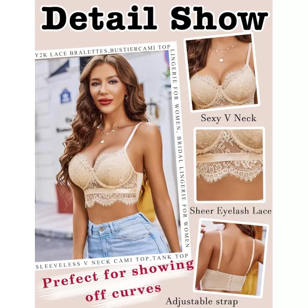 Avidlove Lace Bralettes for Women Y2k Strap Bustier Cami Top V Neck Camisole LingerieBeige