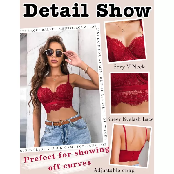 Avidlove Lace Bralettes for Women Y2k Strap Bustier Cami Top V Neck Camisole LingerieDark Red