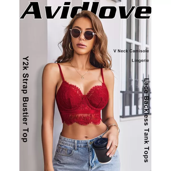 Avidlove Lace Bralettes for Women Y2k Strap Bustier Cami Top V Neck Camisole LingerieDark Red