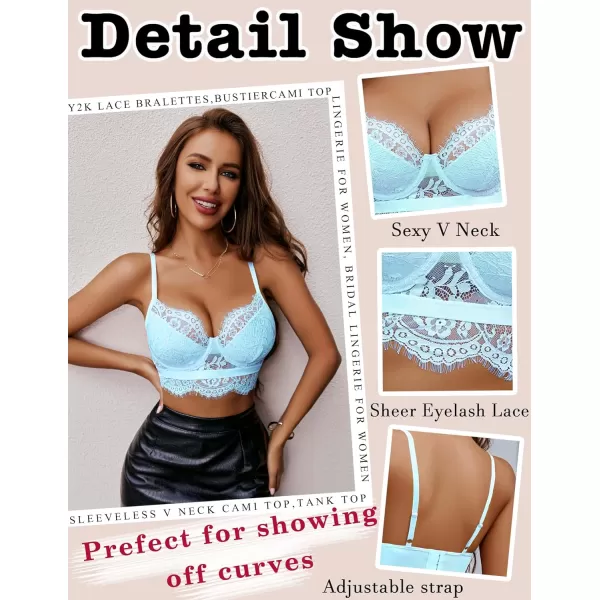 Avidlove Lace Bralettes for Women Y2k Strap Bustier Cami Top V Neck Camisole LingerieLight Blue
