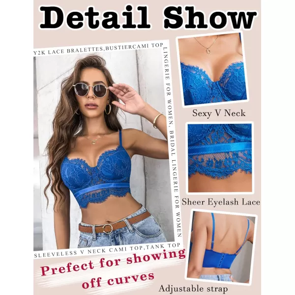 Avidlove Lace Bralettes for Women Y2k Strap Bustier Cami Top V Neck Camisole LingerieRoyal Blue