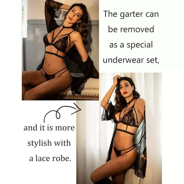 Avidlove Lace Garter Lingerie Set with Removable Choker Teddy Babydoll Strappy Bra and Panty Set No StockingsBlack