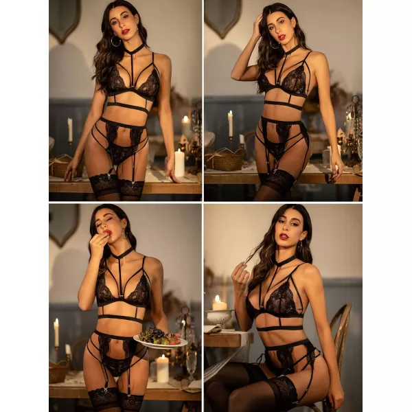 Avidlove Lace Garter Lingerie Set with Removable Choker Teddy Babydoll Strappy Bra and Panty Set No StockingsBlack