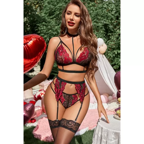 Avidlove Lace Garter Lingerie Set with Removable Choker Teddy Babydoll Strappy Bra and Panty Set No StockingsBlackred