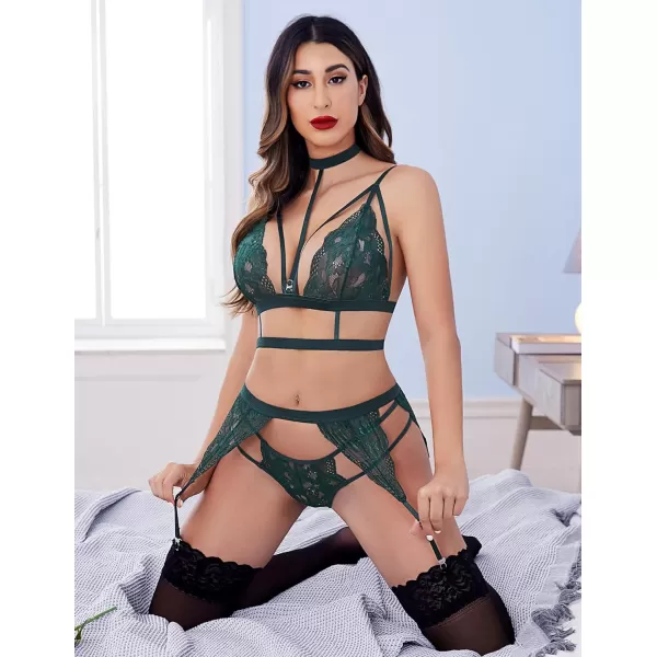 Avidlove Lace Garter Lingerie Set with Removable Choker Teddy Babydoll Strappy Bra and Panty Set No StockingsDark Green