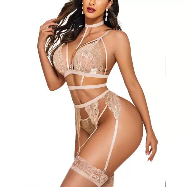 Avidlove Lace Garter Lingerie Set with Removable Choker Teddy Babydoll Strappy Bra and Panty Set No StockingsLight Khaki