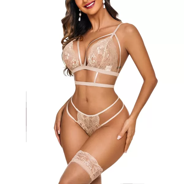 Avidlove Lace Garter Lingerie Set with Removable Choker Teddy Babydoll Strappy Bra and Panty Set No StockingsLight Khaki