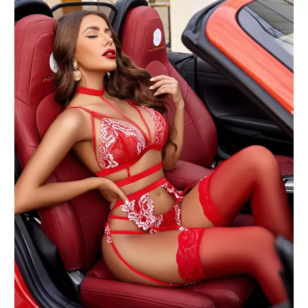 Avidlove Lace Garter Lingerie Set with Removable Choker Teddy Babydoll Strappy Bra and Panty Set No StockingsWhitered