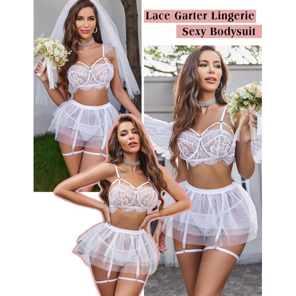 Avidlove Lace Garter Lingerie for Women Mesh Mini Skirt Nightwear Babydoll Bodysuit1white