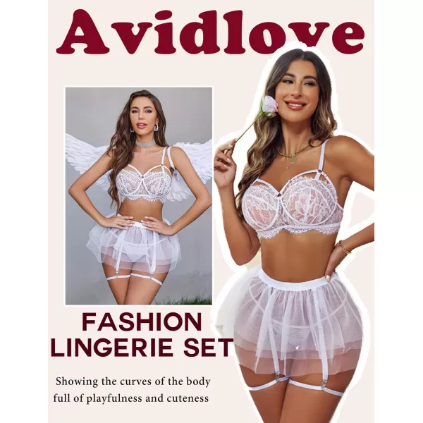 Avidlove Lace Garter Lingerie for Women Mesh Mini Skirt Nightwear Babydoll Bodysuit1white