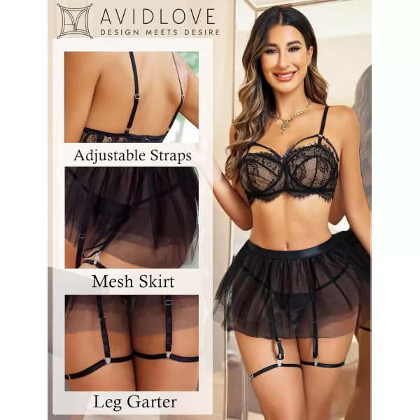 Avidlove Lace Garter Lingerie for Women Mesh Mini Skirt Nightwear Babydoll BodysuitBlack