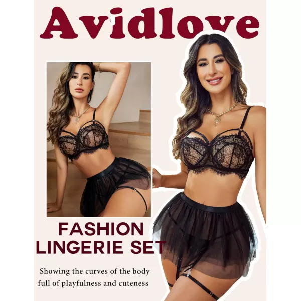 Avidlove Lace Garter Lingerie for Women Mesh Mini Skirt Nightwear Babydoll BodysuitBlack