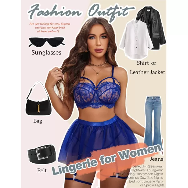 Avidlove Lace Garter Lingerie for Women Mesh Mini Skirt Nightwear Babydoll BodysuitBlue