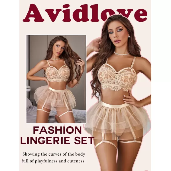 Avidlove Lace Garter Lingerie for Women Mesh Mini Skirt Nightwear Babydoll BodysuitChampagne