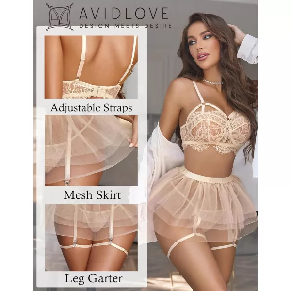 Avidlove Lace Garter Lingerie for Women Mesh Mini Skirt Nightwear Babydoll BodysuitChampagne