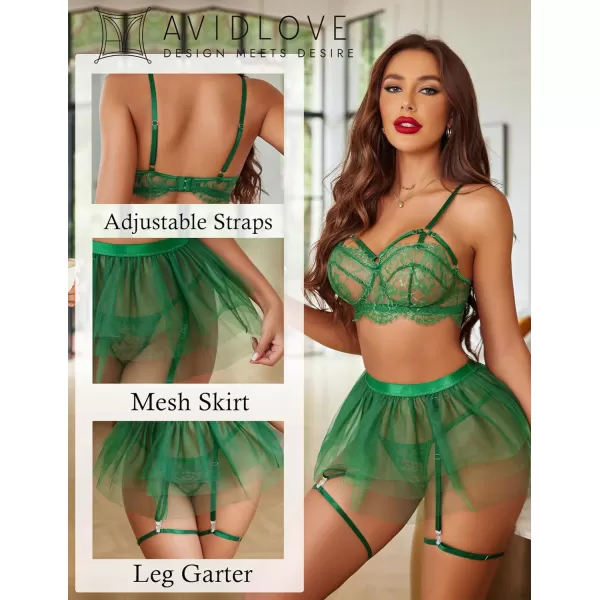 Avidlove Lace Garter Lingerie for Women Mesh Mini Skirt Nightwear Babydoll BodysuitGreen