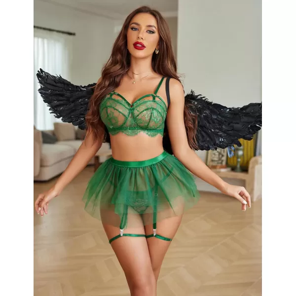 Avidlove Lace Garter Lingerie for Women Mesh Mini Skirt Nightwear Babydoll BodysuitGreen