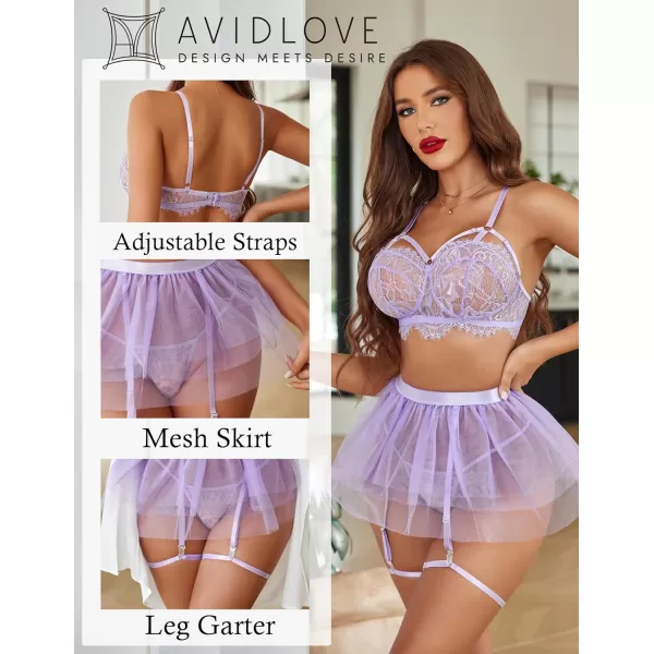 Avidlove Lace Garter Lingerie for Women Mesh Mini Skirt Nightwear Babydoll BodysuitLilac