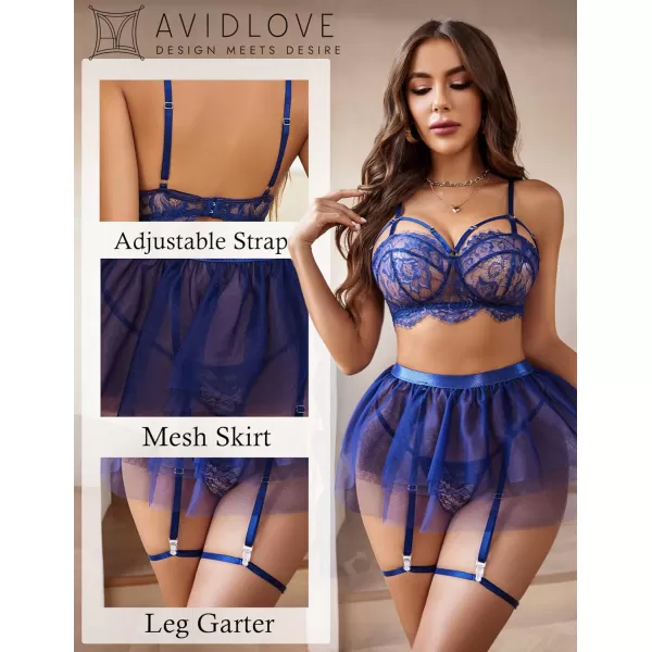 Avidlove Lace Garter Lingerie for Women Mesh Mini Skirt Nightwear Babydoll BodysuitNavy Blue