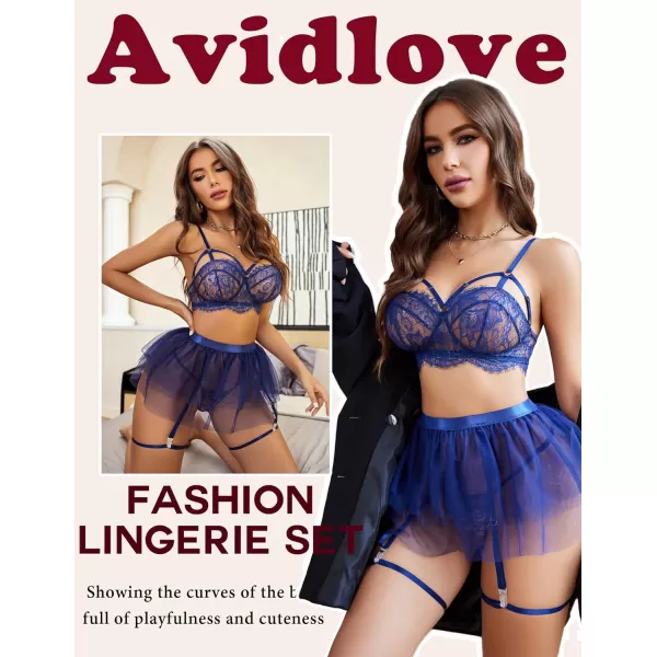 Avidlove Lace Garter Lingerie for Women Mesh Mini Skirt Nightwear Babydoll BodysuitNavy Blue