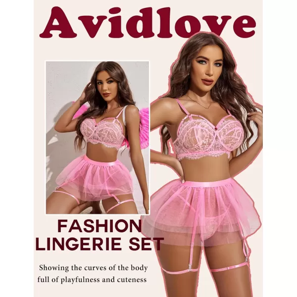 Avidlove Lace Garter Lingerie for Women Mesh Mini Skirt Nightwear Babydoll BodysuitPink