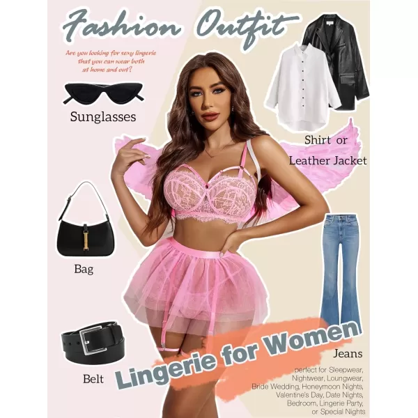 Avidlove Lace Garter Lingerie for Women Mesh Mini Skirt Nightwear Babydoll BodysuitPink