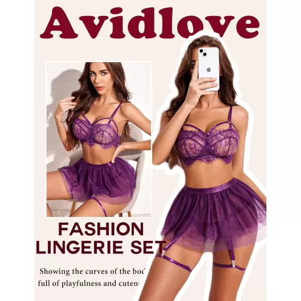 Avidlove Lace Garter Lingerie for Women Mesh Mini Skirt Nightwear Babydoll BodysuitPurple