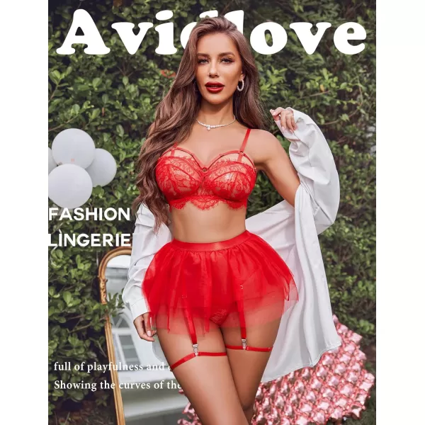 Avidlove Lace Garter Lingerie for Women Mesh Mini Skirt Nightwear Babydoll BodysuitRed