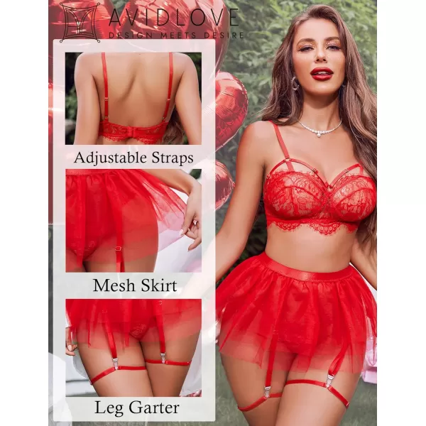 Avidlove Lace Garter Lingerie for Women Mesh Mini Skirt Nightwear Babydoll BodysuitRed