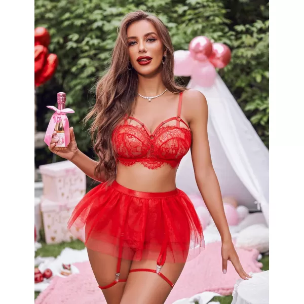 Avidlove Lace Garter Lingerie for Women Mesh Mini Skirt Nightwear Babydoll BodysuitRed