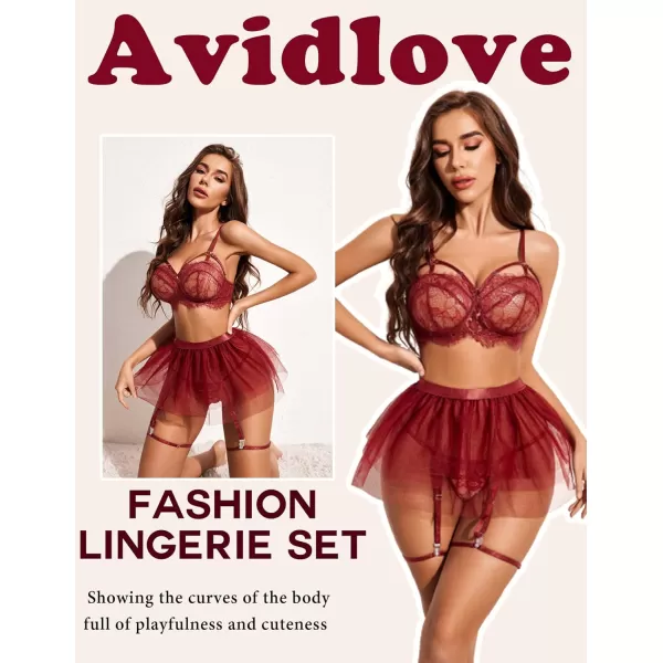 Avidlove Lace Garter Lingerie for Women Mesh Mini Skirt Nightwear Babydoll BodysuitWine Red