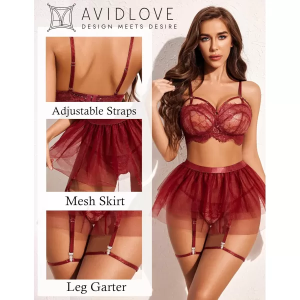 Avidlove Lace Garter Lingerie for Women Mesh Mini Skirt Nightwear Babydoll BodysuitWine Red