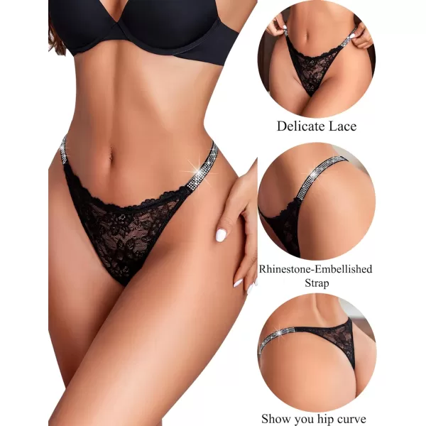 Avidlove Lace Thongs for Women with RhinestoneEmbellished Strap Cheeky Underwear Sexy Panties 13 PackBlack