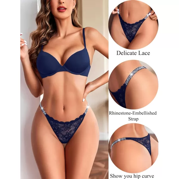 Avidlove Lace Thongs for Women with RhinestoneEmbellished Strap Cheeky Underwear Sexy Panties 13 PackNavy Blue