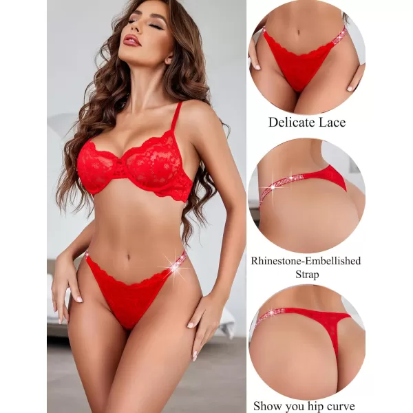 Avidlove Lace Thongs for Women with RhinestoneEmbellished Strap Cheeky Underwear Sexy Panties 13 PackRed
