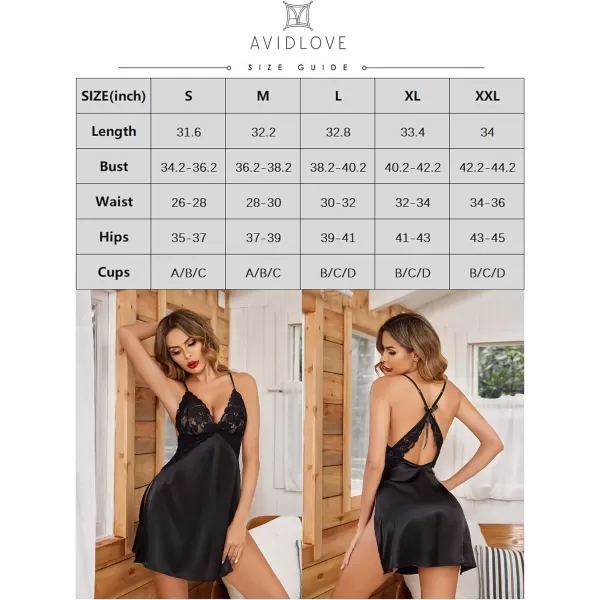 Avidlove Lingerie For Women Satin Nightgown Lace Babydoll Silk Sleepwear Mini Nightdress Side SlitBlack