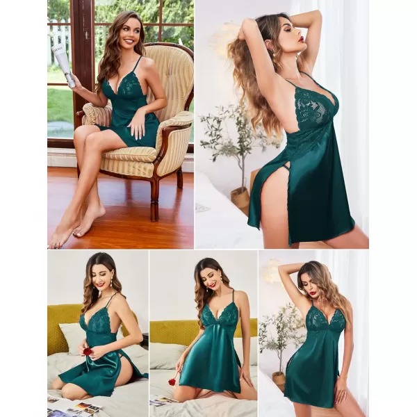 Avidlove Lingerie For Women Satin Nightgown Lace Babydoll Silk Sleepwear Mini Nightdress Side SlitDark Green