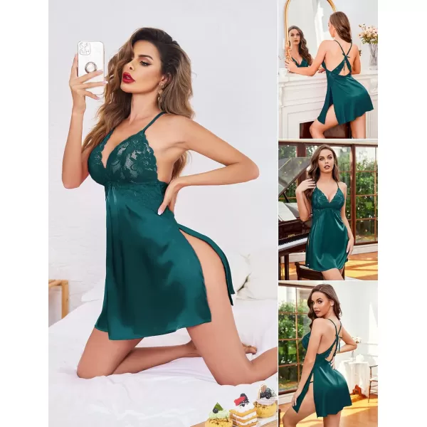 Avidlove Lingerie For Women Satin Nightgown Lace Babydoll Silk Sleepwear Mini Nightdress Side SlitDark Green