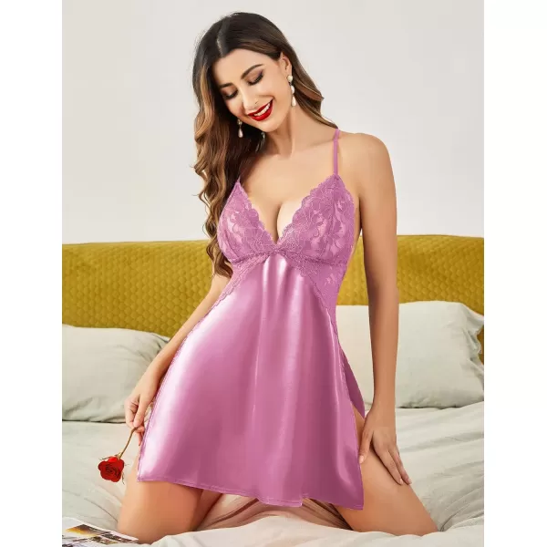 Avidlove Lingerie For Women Satin Nightgown Lace Babydoll Silk Sleepwear Mini Nightdress Side SlitLilac